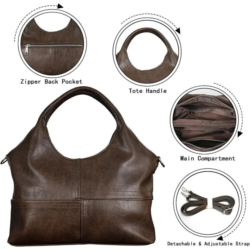 Women's Dark Coffee Vegan Leather Purse Detachable Satchel Strap Hobo Bags